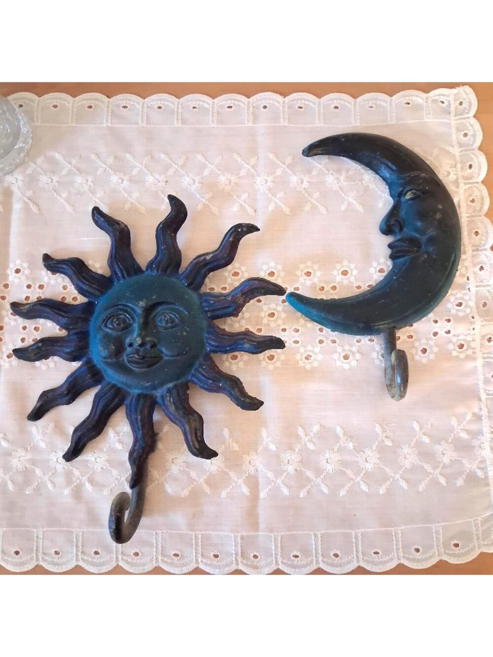 Vintage Cast Iron Sun and Moon Wall Hangings, Blue Celestial Decor
